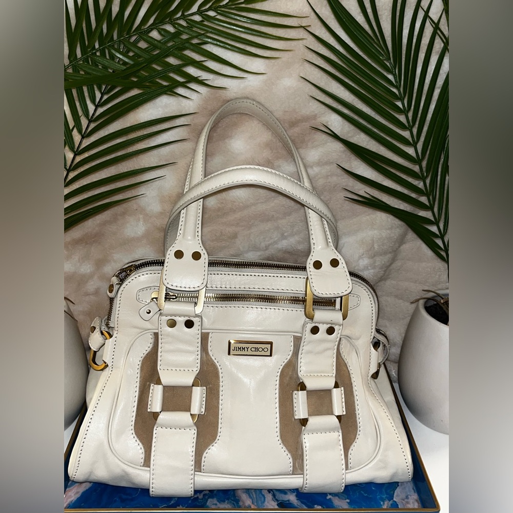 🍀 Jimmy Choo large white leather & tan suede Mahala tote - EXCELLENT condition!